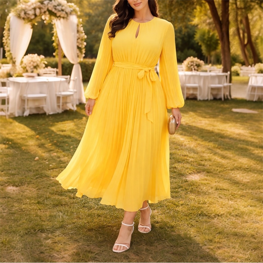 NWT Marina Pleated Chiffon Yellow Maxi Dress Flowy Chic Party Wedding Guest L